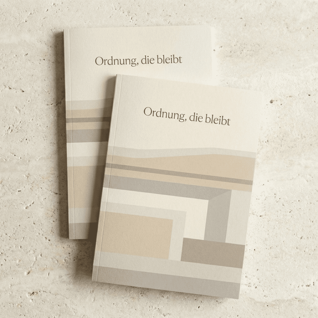 Zwei minimalistisch gestaltete Bücher mit dem Titel "Ordnung die bleibt" – symbolisieren strukturierte, persönliche Einordnung für mehr Klarheit im Alltag.