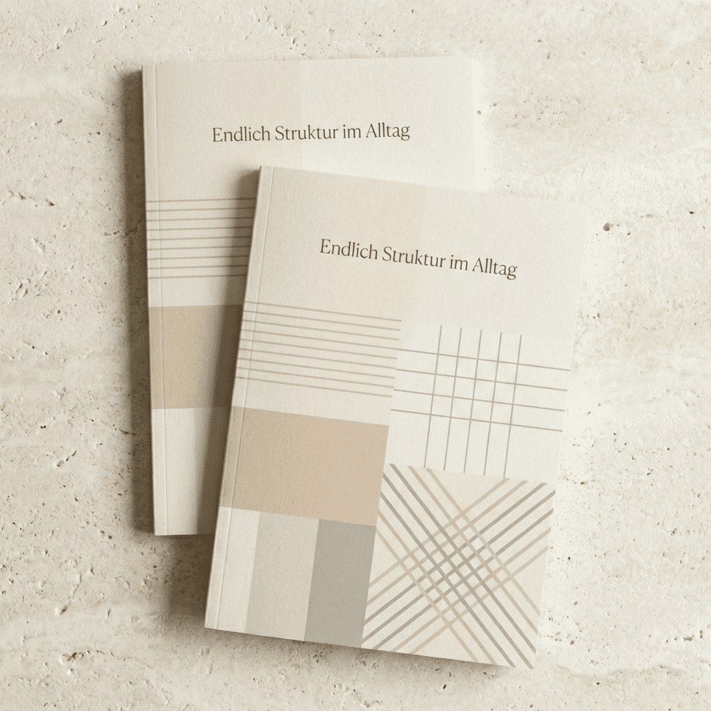 Zwei minimalistisch gestaltete Bücher mit dem Titel "Endlich Struktur im Alltag" – symbolisieren strukturierte, persönliche Einordnung für mehr Klarheit im Alltag.