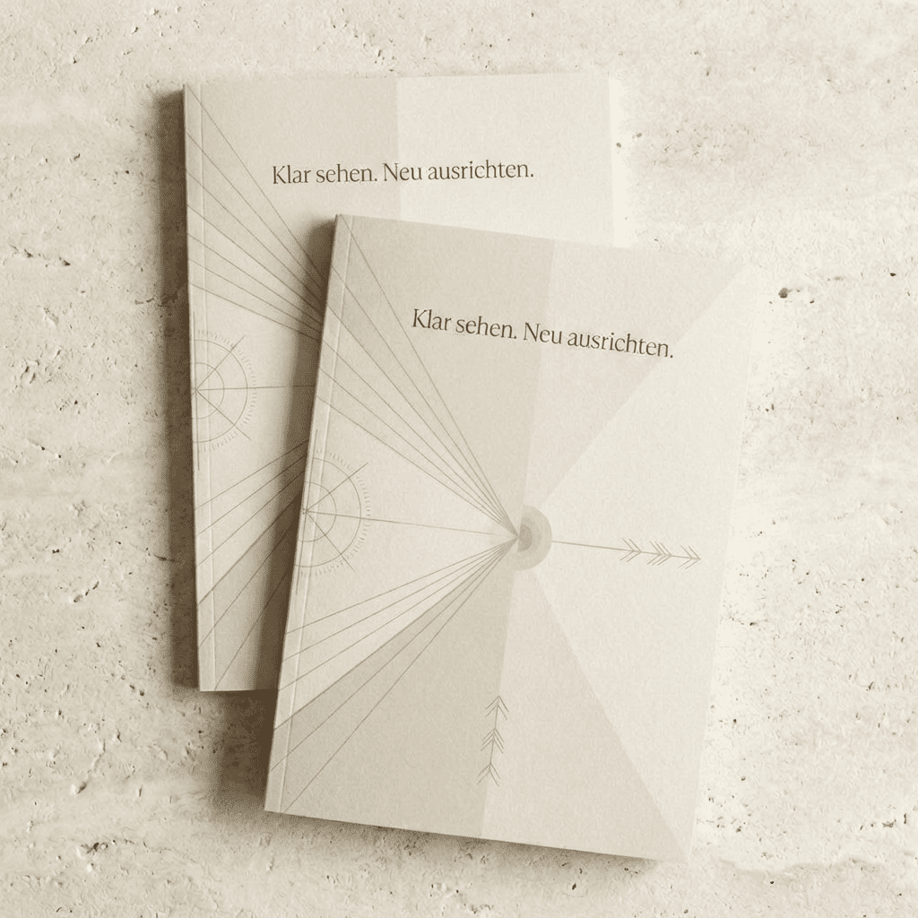 Zwei minimalistisch gestaltete Bücher mit dem Titel "Klar sehen. Neu ausrichten" – symbolisieren strukturierte, persönliche Einordnung für mehr Klarheit im Alltag.