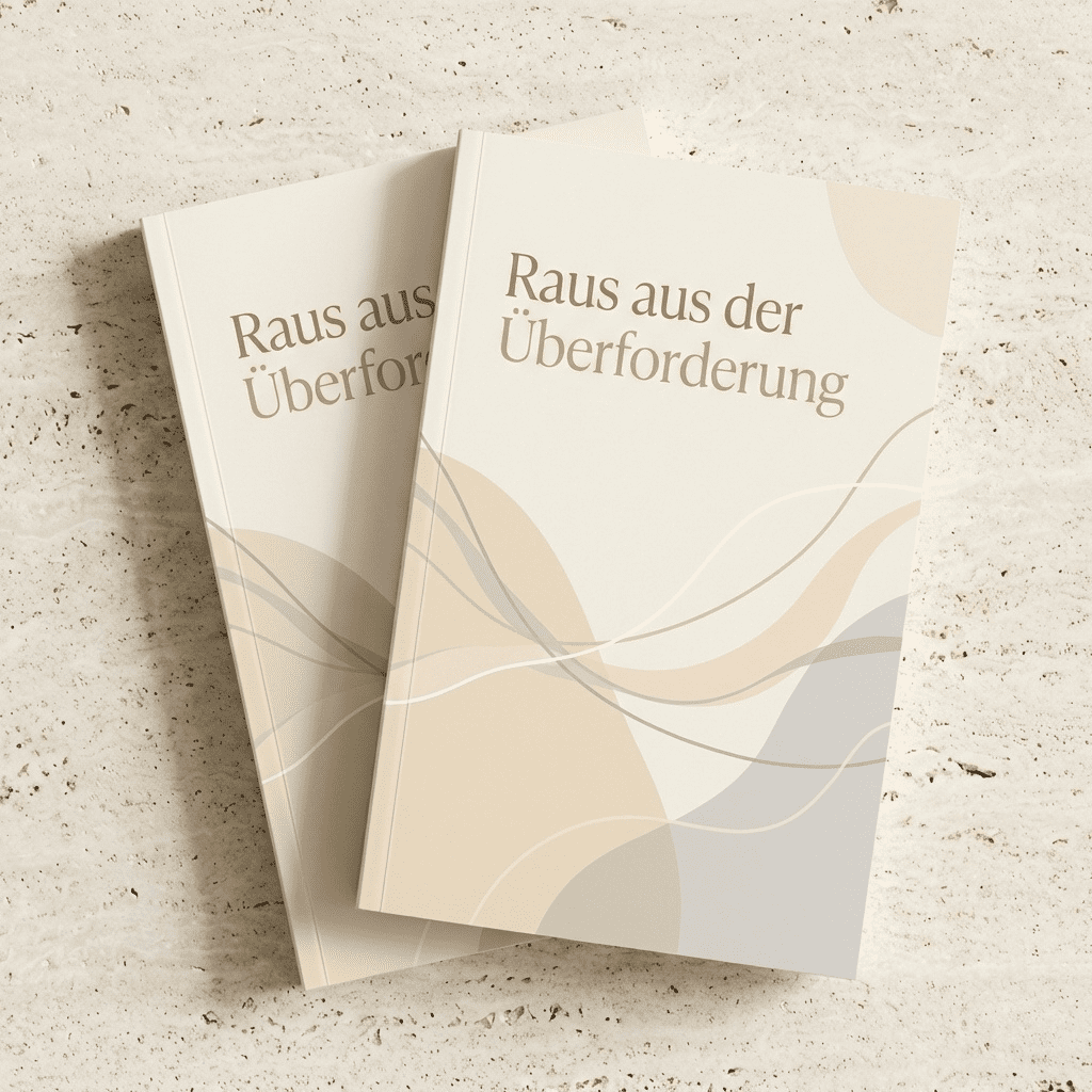 Zwei minimalistisch gestaltete Bücher mit dem Titel "Raus aus der Überforderung" – symbolisieren strukturierte, persönliche Einordnung für mehr Klarheit im Alltag.