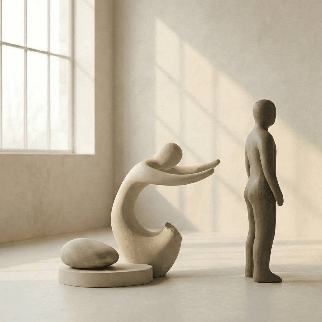 Zwei abstrakte Skulpturfiguren in einem hellen Raum – eine gebeugte und eine aufrechte Figur – symbolisieren emotionale Bindung und den Moment des Loslassens nach einer Trennung.