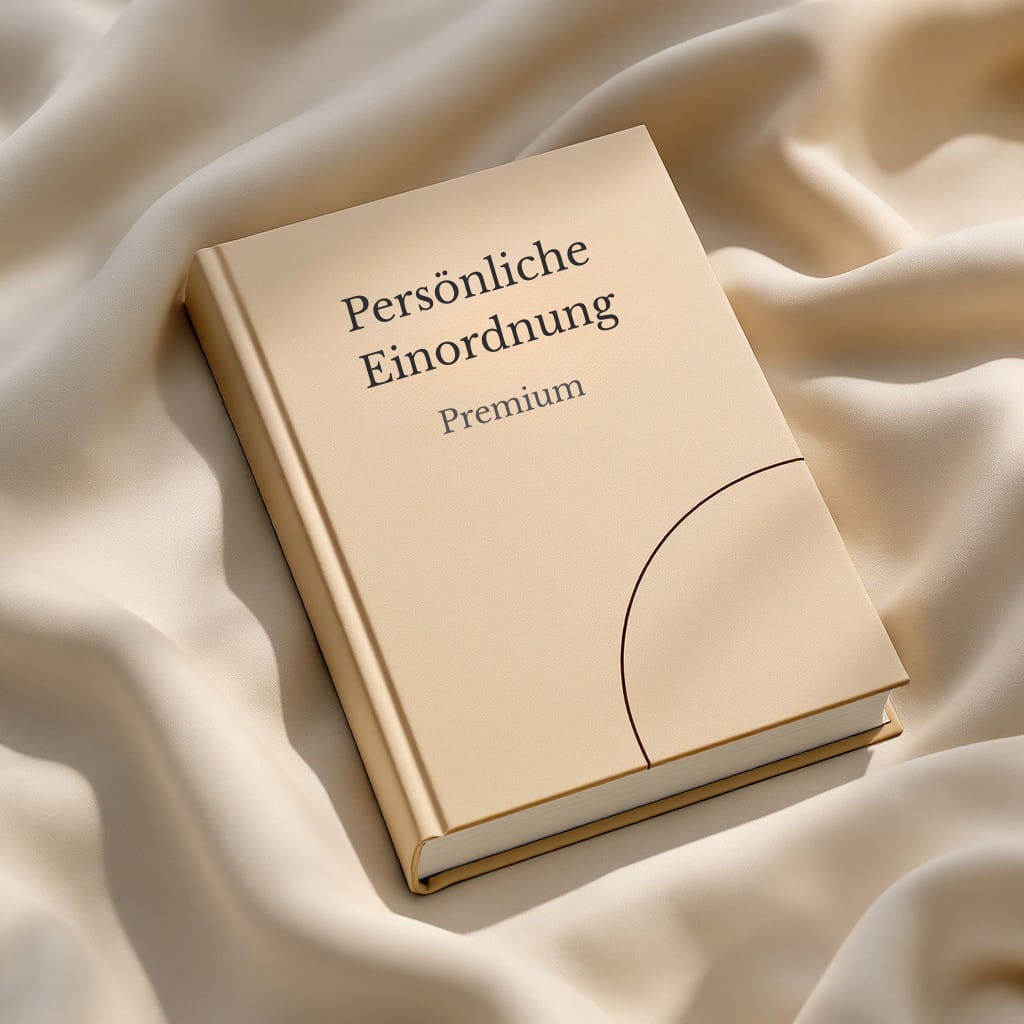 Buchcover Persönliche Einordnung Premium in edler beiger Gestaltung, minimalistisch fotografiert auf fließendem Stoffhintergrund.