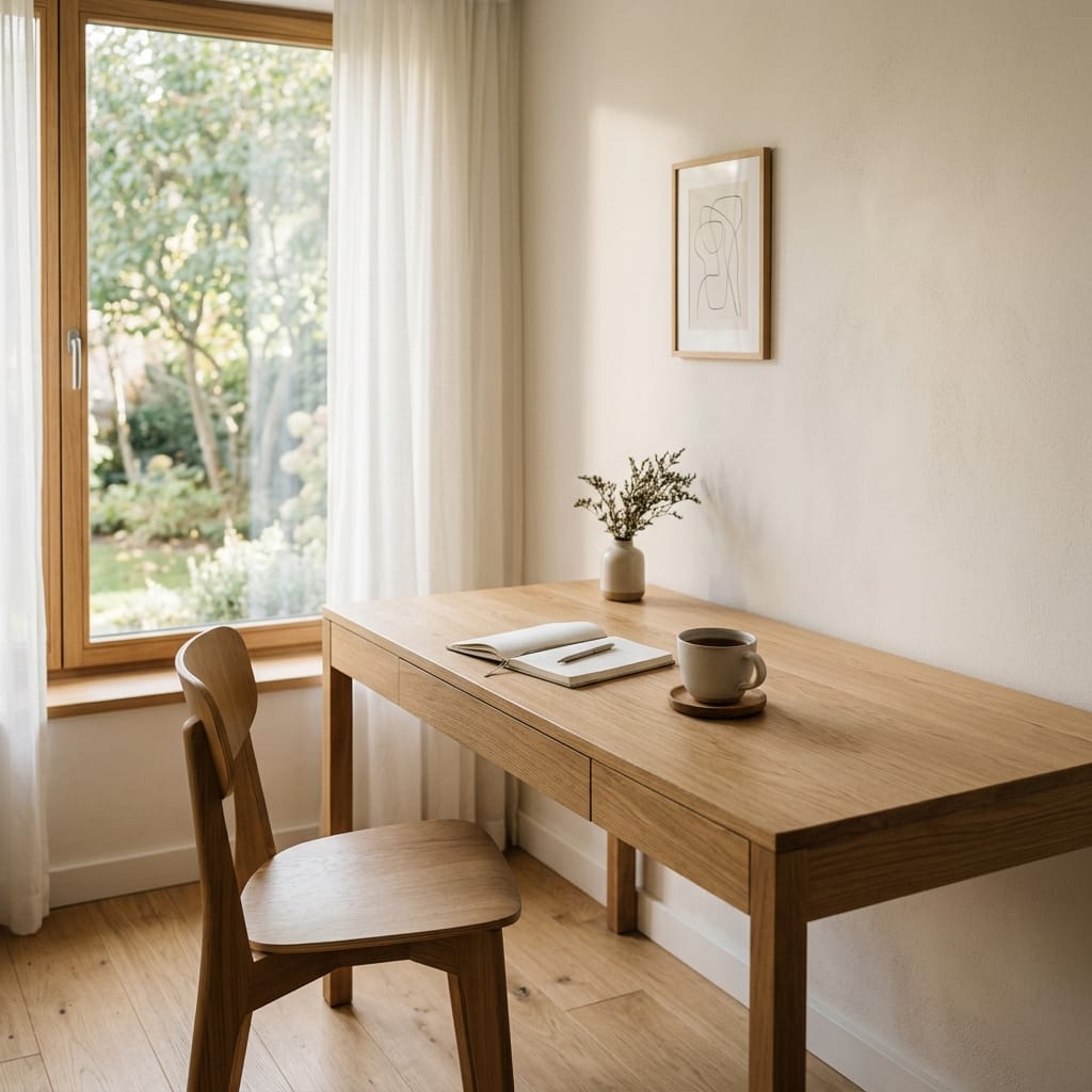 Ruhiger, warmer Arbeitsplatz mit natürlichem Licht, offenem Notizbuch und Tasse – AstroKlarheit