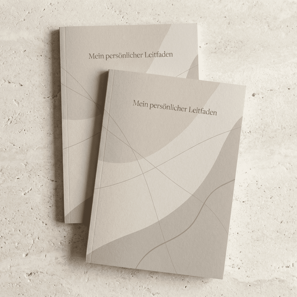 Zwei minimalistisch gestaltete Bücher mit dem Titel "Mein persönlicher Leitfaden" – symbolisieren strukturierte, persönliche Einordnung für mehr Klarheit im Alltag.