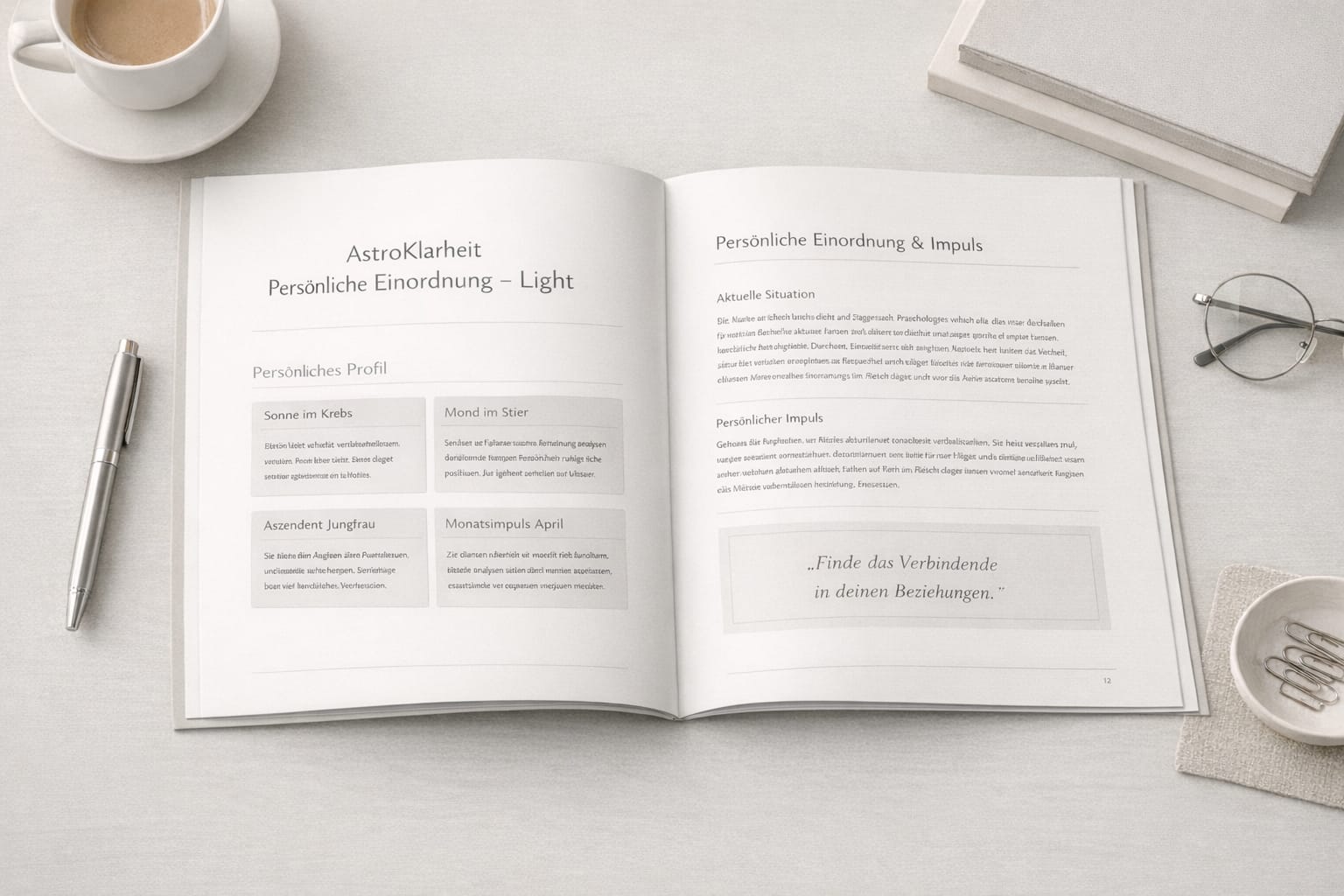 Aufgeschlagenes PDF „AstroKlarheit – Persönliche Einordnung Light“ auf hellem Papier, minimalistisch auf einem neutralen Schreibtisch platziert, in weichem Tageslicht. Klare, strukturierte Inhalte mit ruhigem Layout, dezente Farben, hochwertige und reduzierte Ästhetik, die Vertrauen, Ordnung und professionelle Klarheit ausstrahlt.